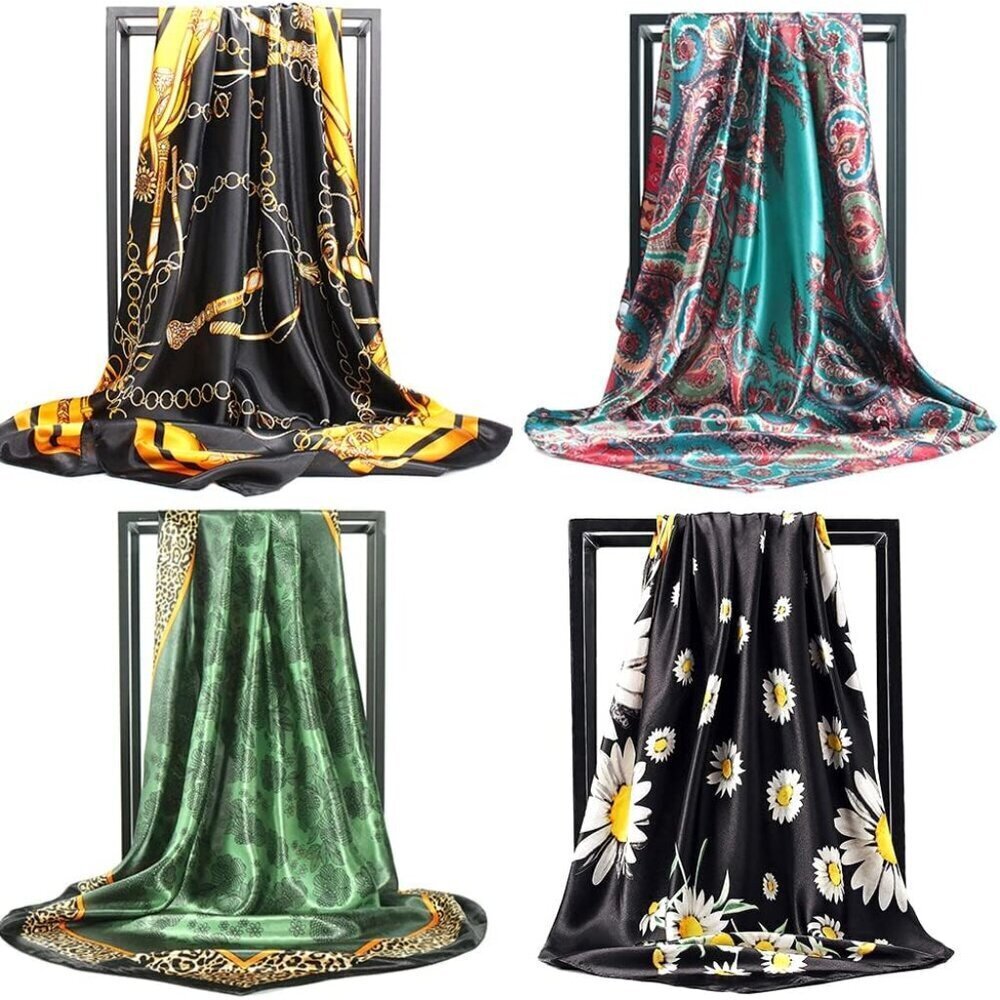 Womens Satin Scarf Set 4 pcs 35x35in Colorful Print Multi Use Accessory